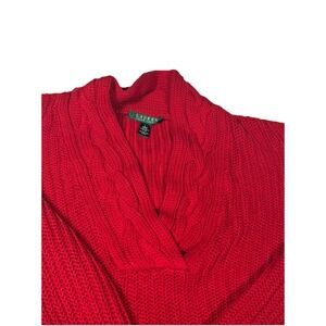 Lauren Ralph Lauren Women's Red Chunky Cable Knit V-Neck Sweater L